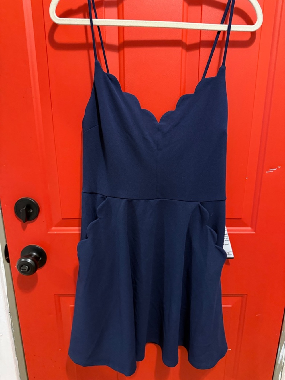 Navy Scallop V-Neck Spaghetti Strap Dress